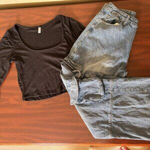 🔥 Trendy Romwe Cargo Jeans + Black Cropped Long Sleeve Top Set